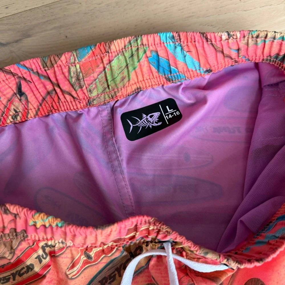 Psycho Tuna Boys Surfboard Print Swim Trunks Coral Pink Size L 14-16